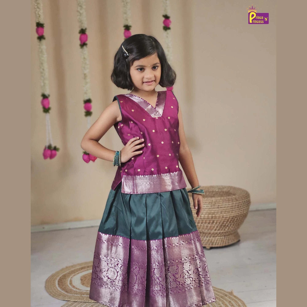 Pattu Pavadai Wine Green Raw Silk Banarasi Border | Kids Festival Wear PPP1628